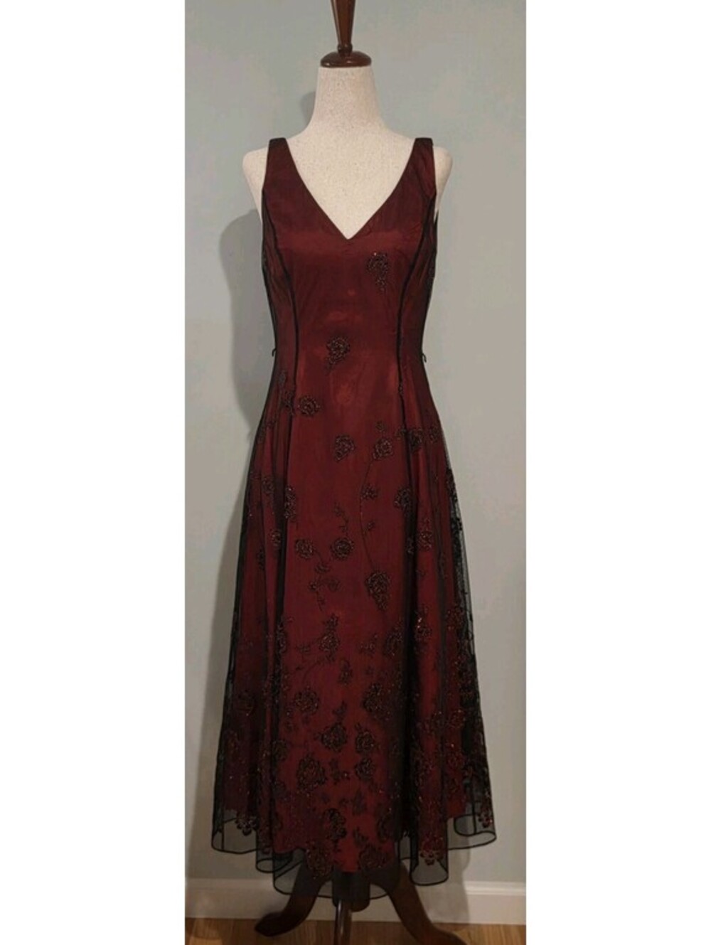 Papell Boutique Evening Sz 6P Burgundy Red Black Lace Overlay Dress Goth Vintage